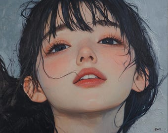 Puede incluir: Pintura al óleo de una persona joven con cabello oscuro y piel clara, mirando hacia arriba. La obra presenta rasgos faciales detallados, incluyendo ojos oscuros, labios carnosos y un ligero rubor. El fondo es gris apagado, realzando el rostro.