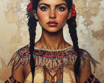 Ragazza con le trecce su tela: dipinto figurativo etnico (32 x 48 pollici), grande opera d'arte murale in stile Wertical, dipinto unico nel suo genere