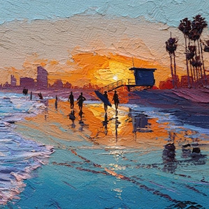 Vibrant Sunset Beach Oil Painting: Coastal Seascape Art by Pai Mare
