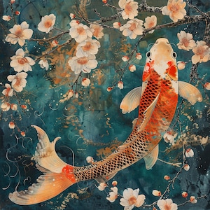 Koi fish - Japanese painting, Original Canvas Art