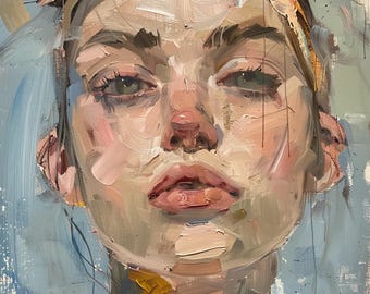 Puede incluir: Un retrato de cerca de una persona con una diadema marrón claro. La persona tiene la piel clara, ojos verdes y mira hacia arriba. La pintura está realizada en un estilo suelto y expresivo con pinceladas visibles.