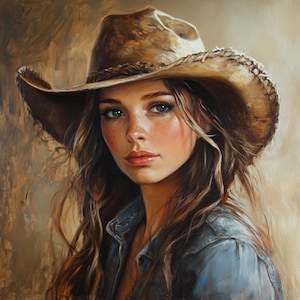 Cowgirl Portrait Ölgemälde, Western Wand Kunst, realistische Cowboy Stil Leinwand von Miranda Blake