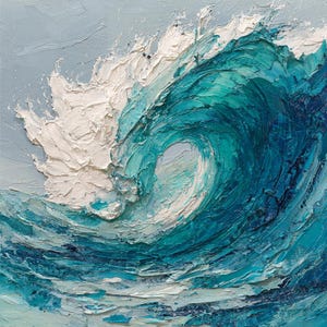 Puede incluir: Pintura al óleo texturizada de una ola rompiendo. La ola se representa en tonos de verde azulado, turquesa y azul profundo, con una cresta de espuma blanca. La obra de arte tiene un estilo impasto grueso, creando un efecto 3D.