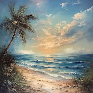 Coastal Sunset Oil Painting: Tropical Seascape with Palm Trees