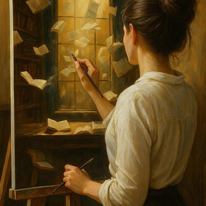 Surrealist Oil Painting: Woman Artist with Flying Books