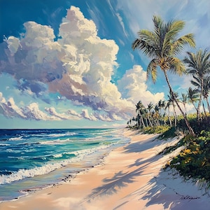 Florida Beach Oil Painting: Large Coastal Seascape with Palm Trees
