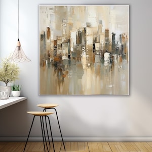 Textured Acrylic Town Painting: Neutral Beige Canvas Art