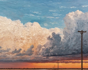 Origineel olieverfschilderij zonsondergang op doek: landschapskunst luchtwolk