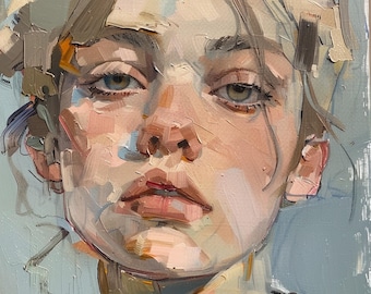 パステルトーンの絵画、フェイスペイント、女の子の肖像画アートワーク、オリジナルアートキャンバス
