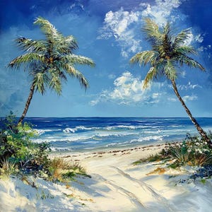 Florida Beach Oil Painting: Original Seascape Canvas Art, Palm Tree Decor (36x36 inches)