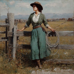 &quot;Das Gemälde &quot;&quot;Cowgirl&quot;&quot; wurde von Miranda Blake auf Leinwand gemalt, im Westernstil.&quot;
