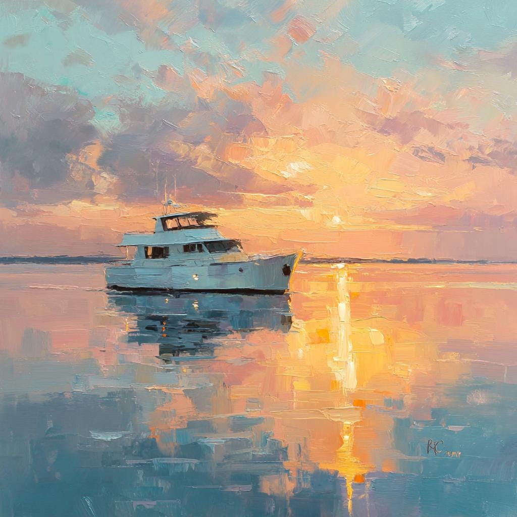 テクスチャ加工された夕焼けヨットの油絵：オリジナルの海景キャンバス