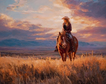 【真作】絵画　油彩　夕暮れのカウボーイと馬　牧場風景　ウエスタンアート　Y183 馬に乗ったカウボーイ牧場主 - フィリップ グッドウィンの手描き油絵