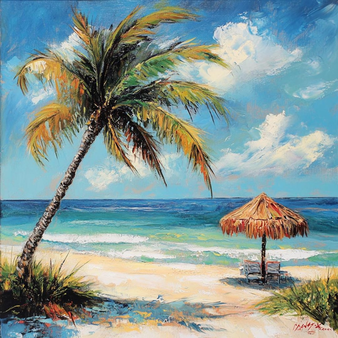 Tropical Beach Painting: Palm Tree Seascape, Coastal Wall Art - Etsy