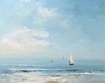 Sailboat Seascape Painting, Coastal Oil Wall Art, Blue Ocean Canvas by Pai Mare
