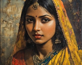 Origineel olieverfportret: Indiase vrouw in klederdracht