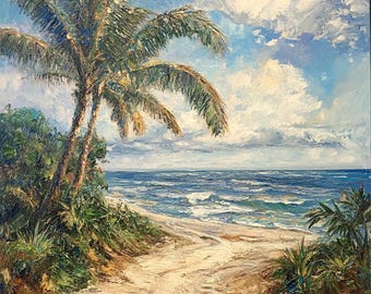 Pintura al óleo de paisaje costero: lienzo con palmeras de playa tropical