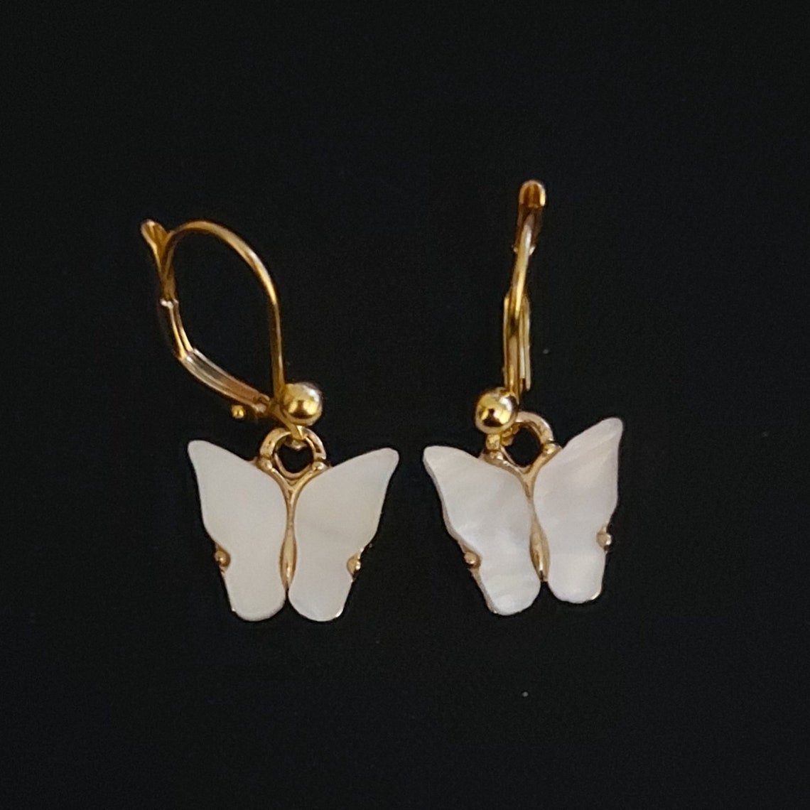 White butterfly earrings with gold accent Etsy