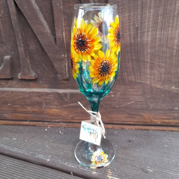 Sunflower Smiles Champagne Flute, hand painted glass (can be personalised for free) unique, perfect gift painted to order for her for him