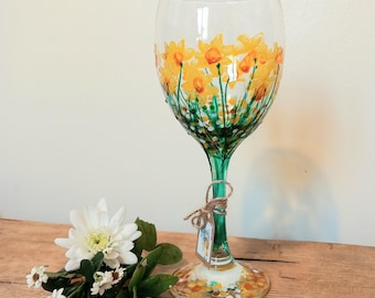 Tete a Tete Daffodils, Hand Painted Wine Glass (can be personalised for free) unique, perfect gift painted to order for her for him