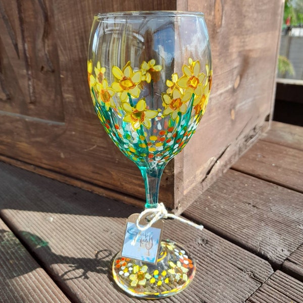 Tete a Tete Daffodils, Hand Painted Wine Glass (can be personalised for free) unique, perfect gift painted to order for her for him