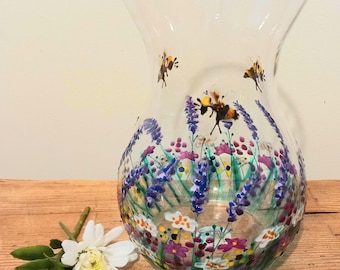 Buzzy Bees, Hand Painted Glass Vase (can be personalised for free) unique, perfect gift for her for him