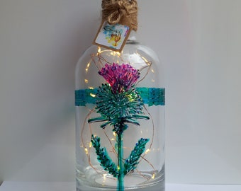 Scottish Thistle, Hand Painted Bottle Light Decanter (can be personalised for free) unique, perfect gift painted to order for her for him