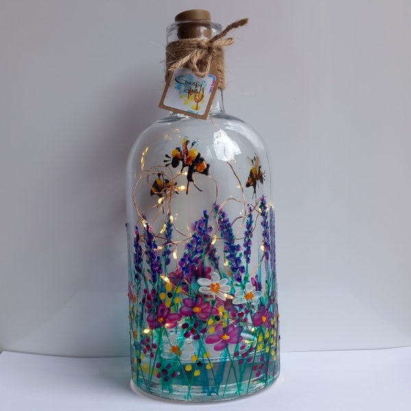 Buzzy Bees, Hand Painted Bottle Light Decanter (can be personalised for free) unique, perfect gift painted to order for her for him