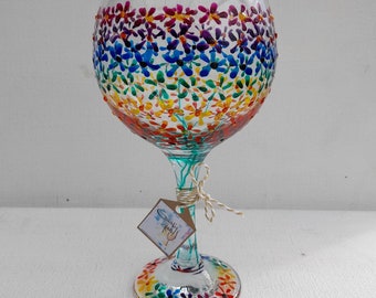 Rainbow Flowers Hand Painted Gin Glass (can personalise) unique, perfect gift painted to order for her for him