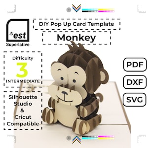 Modelo de cartão de macaco pop-up SVG DXF PDF (download digital)