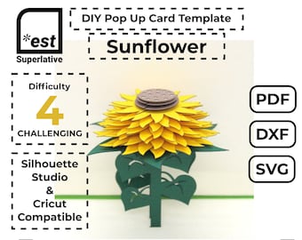 May include: A digital download template for a pop-up card featuring a sunflower. The template is compatible with Silhouette Studio and Cricut. The difficulty level is rated as 4, challenging. The file formats included are PDF, DXF, and SVG.