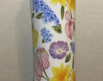 Vintage Ceramic Porcelain Tall Vase Floral Pattern Spring Flower Tulip Hydrangea Daffodil Pastel Floral Vase