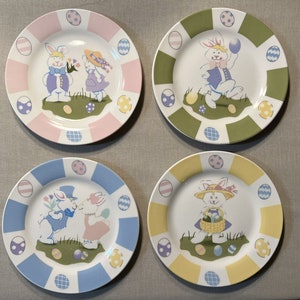 Set of 4 Easter Plates 7 1/2&quot; Rabbits Easter Eggs ND Exclusive Pastel colored Dessert plate bread plate fruit plate