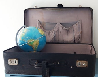 vintage suitcase black leather 1950's / retro suitcases / photo props / home  and shop vintage decoration  suitcases