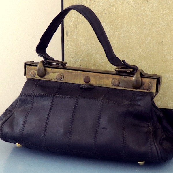 vintage gladstone bag, retro black faux leather doctor's bag, vintage top handle metal closure doctor's bag