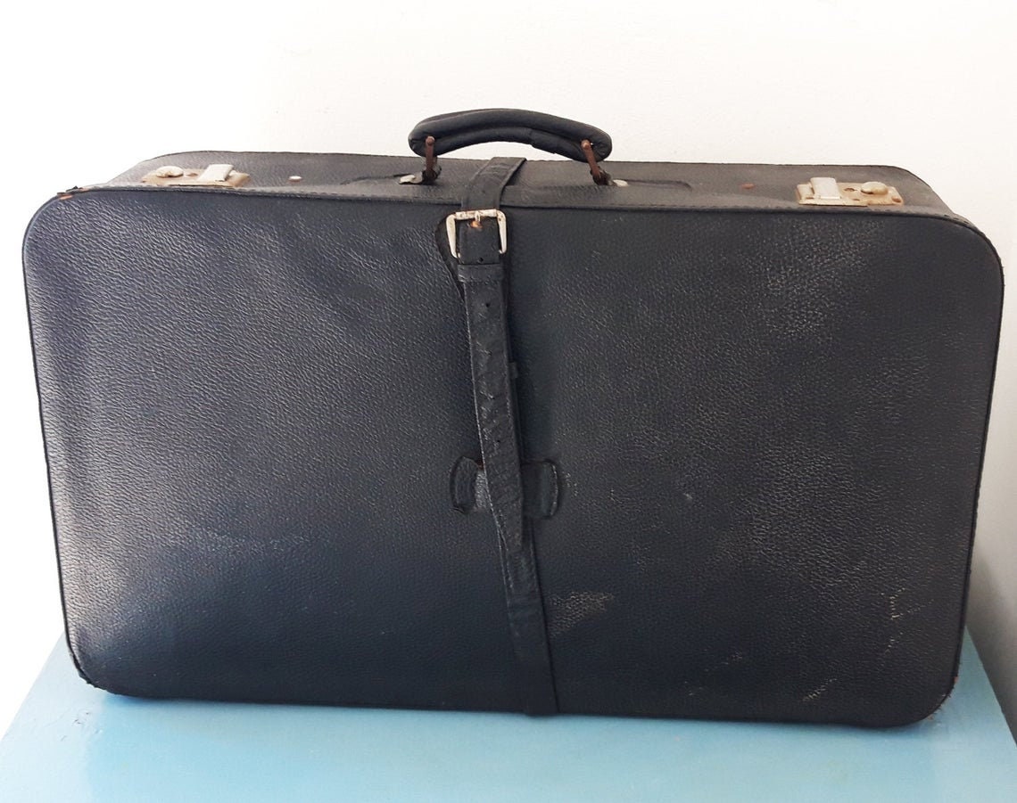 Vintage Suitcase Black Leather 1950's / Retro Suitcases / Photo Props ...