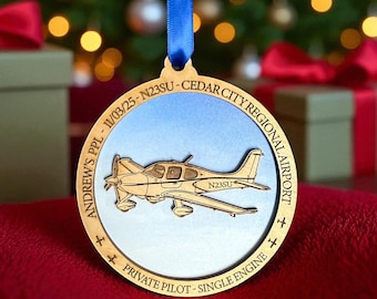 Personalized Private Pilot License  Flight Ornament, PPL, Cirrus SR22, Aviation Gifts, Pilot gift, pilot ornament, Airplane Ornament.