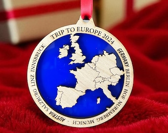 Personalized Europe Ornament, Europe Christmas Ornament, European Ornament, Travel destinations Souvenir, Vacation ornament,  Souvenir.