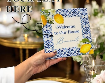 Benutzerdefinierte Mittelmeer Fliesenbild Zitrone Wandkunst mit personalisiertem Text Italienische Amalfiküste Dekor Aquarell Benvenuti Willkommen Plakette
