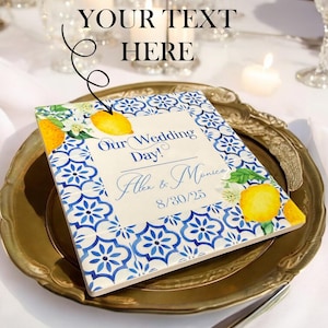 Mediterranean Wedding Coasters • Lemon Tile Favors • Personalized Ceramic Gift • Italian Theme Bridal Shower Keepsake