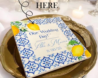 Mediterrane Hochzeits-Untersetzer • Zitronen-Kacheln • Personalisiertes Keramikgeschenk • Italienisches Thema Andenken an die Brautparty
