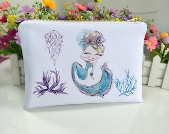 Bolsa de maquillaje de sirena personalizada, bolsa de artículos esenciales de sirena, bolsa de maquillaje de La Sirenita, organizador de bolsa de viaje, bolsa de cosméticos de sirena
