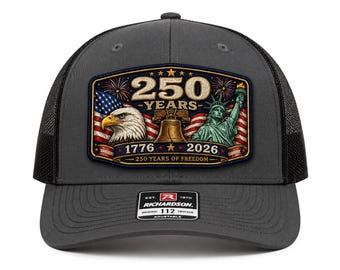 USA 250-jähriges Jubiläum Hut Aufnäher | Richardson 112 Trucker Cap | Amerika 1776-2026 Zweihundertjahrfeier Plus 250 Jahre Hut
