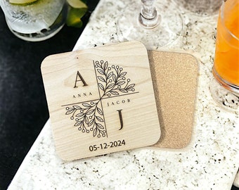 Personalized wooden coaster wedding favors with cork back option, Monogram coasters, Wedding Coaster Favors for Guests in Bulk, Rustic Favor