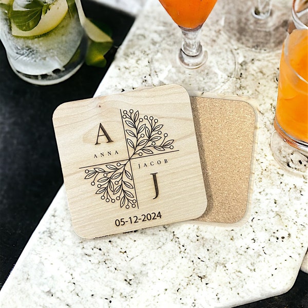 Personalized wooden coaster wedding favors with cork back option, Monogram coasters, Wedding Coaster Favors for Guests in Bulk, Rustic Favor