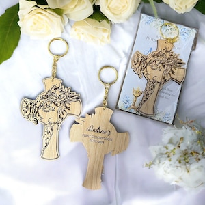 Lot of 10 Personalized First Holy Communion Cross keychain, First Holy Communion Favors, Communion boy, custom favors, wooden, face of Jesus