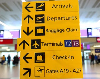 Hinweisschilder am Flughafen – Abflug, Gepäckausgabe, Flugsteige, Check-In & Flugsteige | Reise-Thema Party Dekor