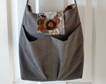 Upcycle Fabric Purse/Crossbody Bag/Casual Slouchy Bag/Shoulder Bag/Women's Purse/Adjustable Strap/Grey Floral Interior