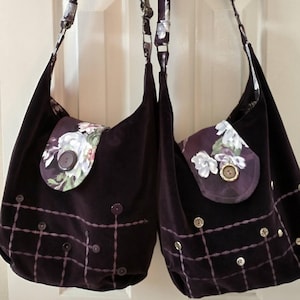 Cartera de terciopelo reciclado/Bolso estilo hobo/Bolso informal holgado/Bolso de hombro/Bolso de mujer/Correa ajustable/Forro con estampado de algodón/Opciones personalizadas disponibles