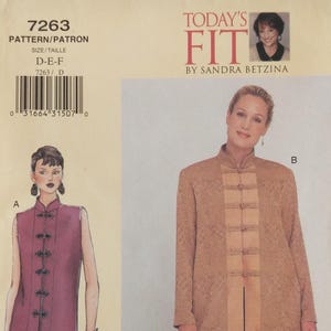 May include: A sewing pattern titled "7263" with illustrations of a sleeveless tunic and a long-sleeved jacket. The pattern includes the text "TODAY'S FIT BY SANDRA BETZINA". The pattern is for sizes D-E-F.
